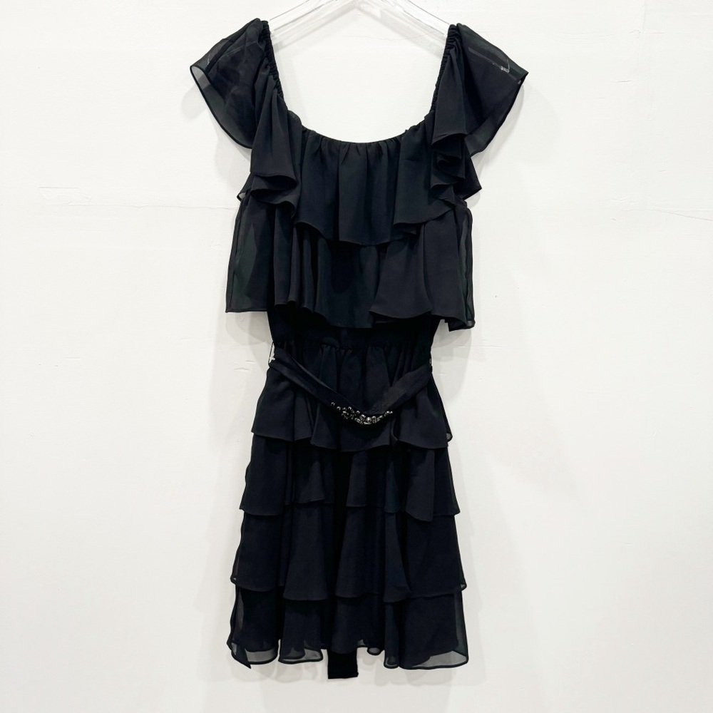 Pearl by Marchesa Black Ruffle Belted Evening Dress Size 8